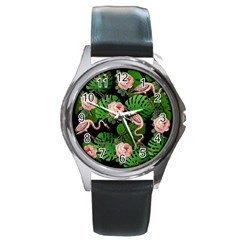 Flamingo Floral Black Round Metal Watch by snowwhitegirl