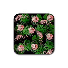 Flamingo Floral Black Rubber Coaster (square)  by snowwhitegirl