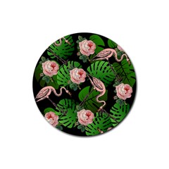 Flamingo Floral Black Rubber Coaster (round)  by snowwhitegirl