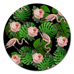 Flamingo Floral Black Magnet 5  (round) by snowwhitegirl