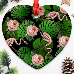 Flamingo Floral Black Heart Ornament (two Sides) by snowwhitegirl