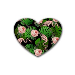 Flamingo Floral Black Rubber Coaster (heart)  by snowwhitegirl