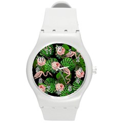 Flamingo Floral Black Round Plastic Sport Watch (m) by snowwhitegirl