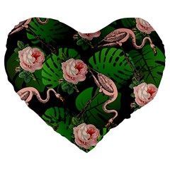 Flamingo Floral Black Large 19  Premium Heart Shape Cushions by snowwhitegirl