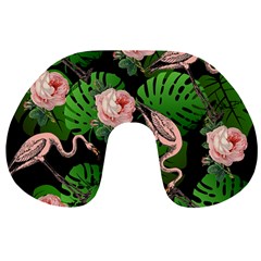 Flamingo Floral Black Travel Neck Pillows by snowwhitegirl