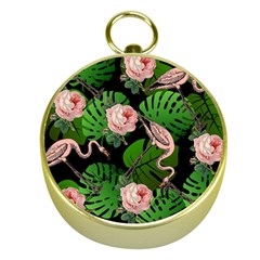 Flamingo Floral Black Gold Compasses by snowwhitegirl