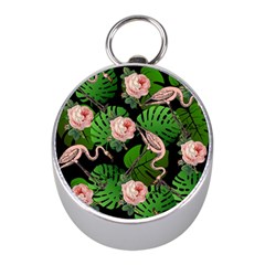 Flamingo Floral Black Mini Silver Compasses by snowwhitegirl