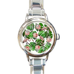 Flamingo Floral White Round Italian Charm Watch by snowwhitegirl