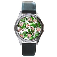 Flamingo Floral White Round Metal Watch by snowwhitegirl