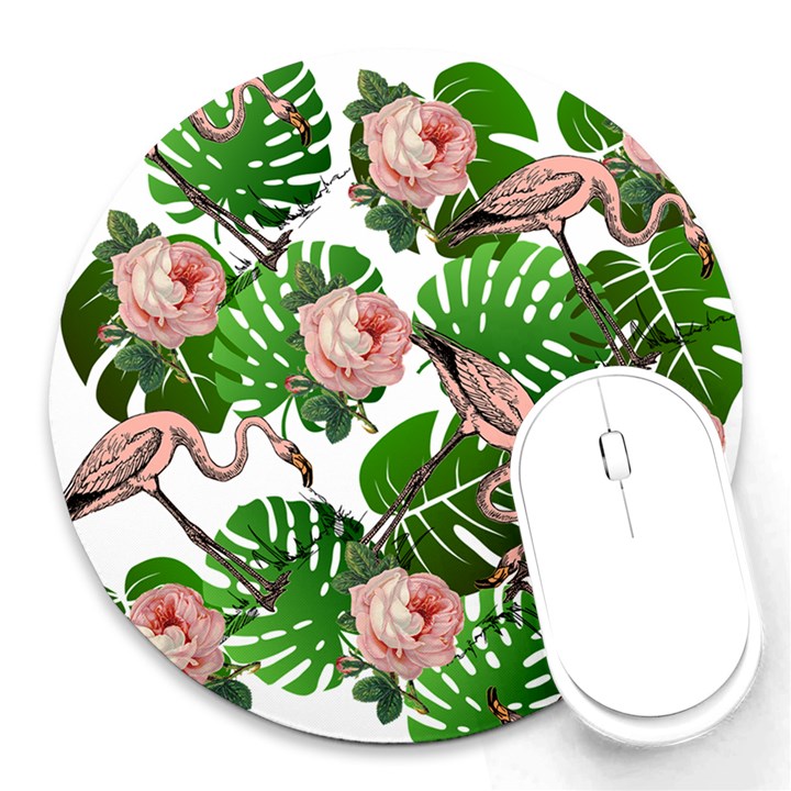 Flamingo Floral White Round Mousepads