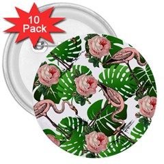 Flamingo Floral White 3  Buttons (10 pack) 