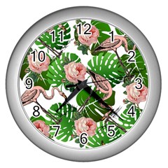 Flamingo Floral White Wall Clock (Silver)