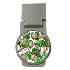 Flamingo Floral White Money Clips (Round) 