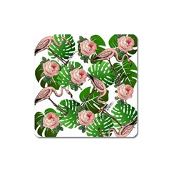 Flamingo Floral White Square Magnet