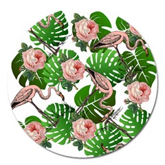 Flamingo Floral White Magnet 5  (Round)