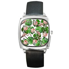 Flamingo Floral White Square Metal Watch