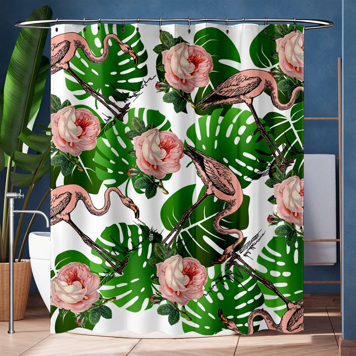 Flamingo Floral White Shower Curtain 60  x 72  (Medium) 