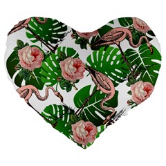 Flamingo Floral White Large 19  Premium Heart Shape Cushions