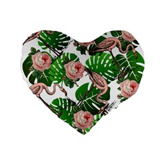 Flamingo Floral White Standard 16  Premium Flano Heart Shape Cushions