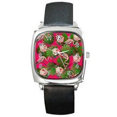 Flamingo Floral Pink Square Metal Watch by snowwhitegirl