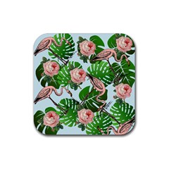 Flamingo Floral Blue Rubber Coaster (square)  by snowwhitegirl