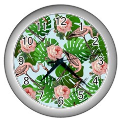 Flamingo Floral Blue Wall Clock (silver) by snowwhitegirl