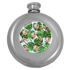 Flamingo Floral Blue Round Hip Flask (5 Oz) by snowwhitegirl