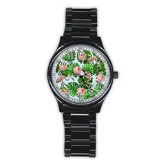 Flamingo Floral Blue Stainless Steel Round Watch by snowwhitegirl