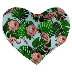 Flamingo Floral Blue Large 19  Premium Flano Heart Shape Cushions by snowwhitegirl