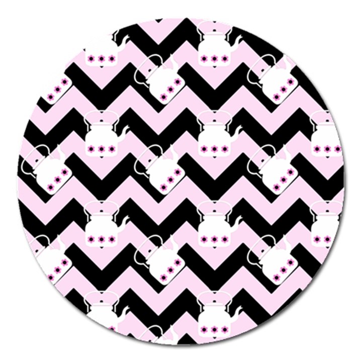 Pink Teapot Chevron Magnet 5  (Round)