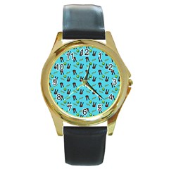 School Girl Pattern Blue Round Gold Metal Watch by snowwhitegirl