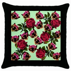 Lazy Cat Floral Pattern Green Throw Pillow Case (black) by snowwhitegirl