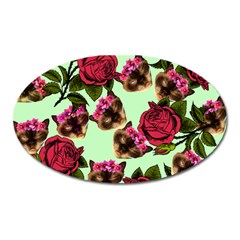 Lazy Cat Floral Pattern Green Oval Magnet by snowwhitegirl