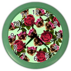 Lazy Cat Floral Pattern Green Color Wall Clock by snowwhitegirl