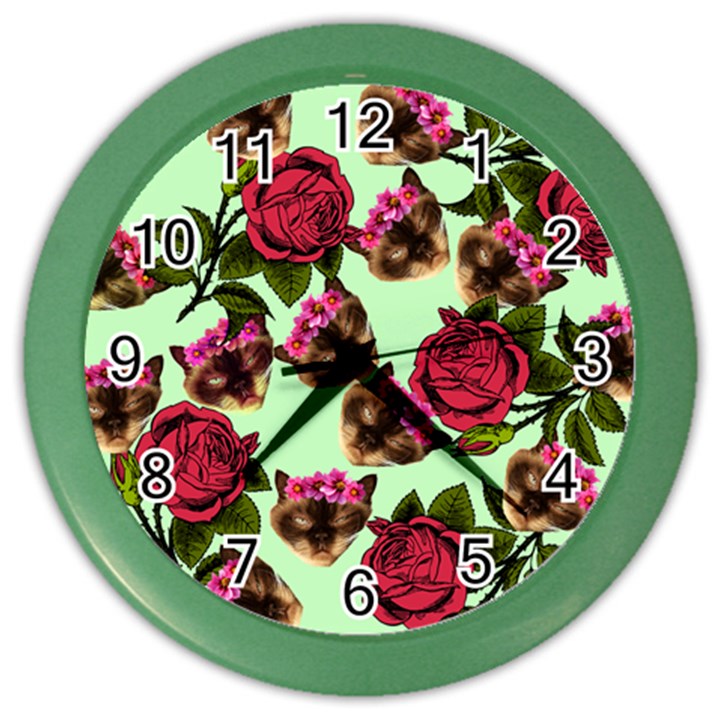 Lazy Cat Floral Pattern Green Color Wall Clock