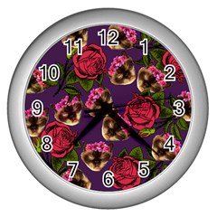 Lazy Cat Floral Pattern Purple Wall Clock (silver) by snowwhitegirl