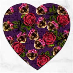 Lazy Cat Floral Pattern Purple Jigsaw Puzzle (heart) by snowwhitegirl