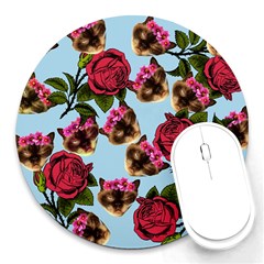 Lazy Cat Floral Pattern Blue Round Mousepads by snowwhitegirl