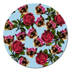 Lazy Cat Floral Pattern Blue Magnet 5  (round) by snowwhitegirl