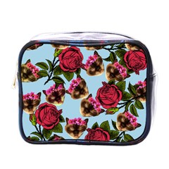 Lazy Cat Floral Pattern Blue Mini Toiletries Bag (one Side) by snowwhitegirl