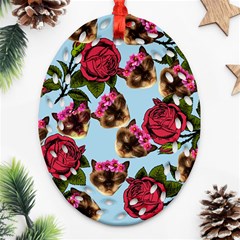 Lazy Cat Floral Pattern Blue Ornament (oval Filigree)