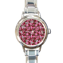 Lazy Cat Floral Pattern Pink Polka Round Italian Charm Watch by snowwhitegirl