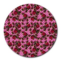 Lazy Cat Floral Pattern Pink Polka Round Mousepads by snowwhitegirl