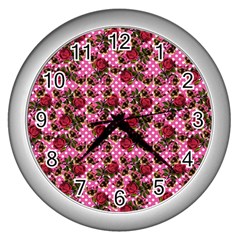 Lazy Cat Floral Pattern Pink Polka Wall Clock (silver)