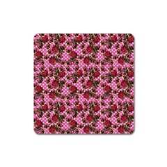 Lazy Cat Floral Pattern Pink Polka Square Magnet by snowwhitegirl