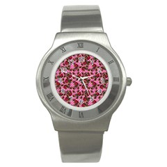 Lazy Cat Floral Pattern Pink Polka Stainless Steel Watch by snowwhitegirl