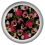 Lazy Cat Floral Pattern Black Wall Clock (Silver) Front