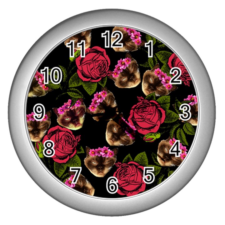 Lazy Cat Floral Pattern Black Wall Clock (Silver)