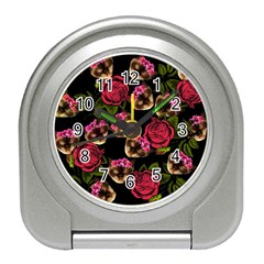 Lazy Cat Floral Pattern Black Travel Alarm Clock