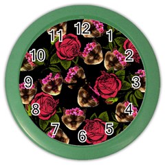 Lazy Cat Floral Pattern Black Color Wall Clock by snowwhitegirl